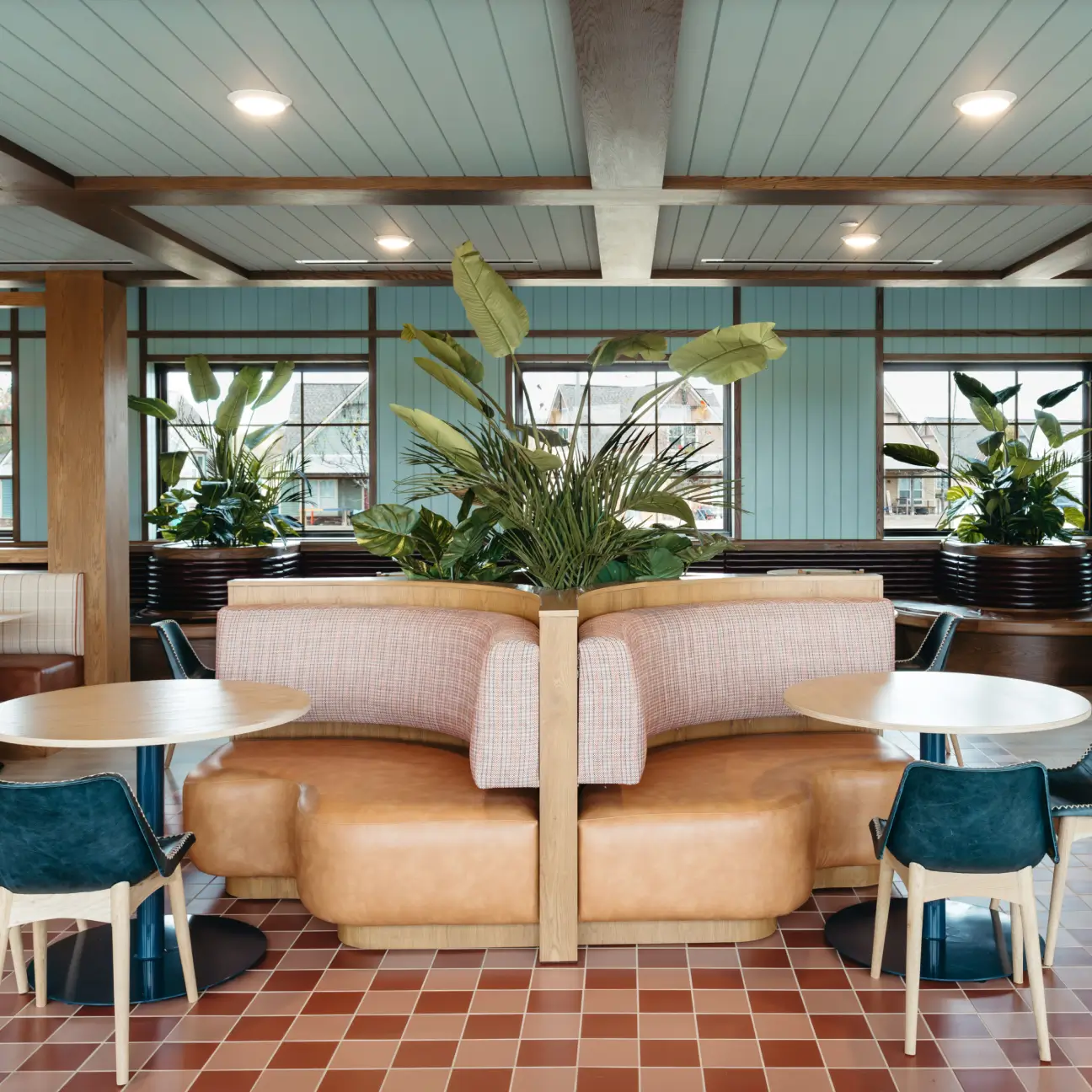 booth style seating in an apartment lobby